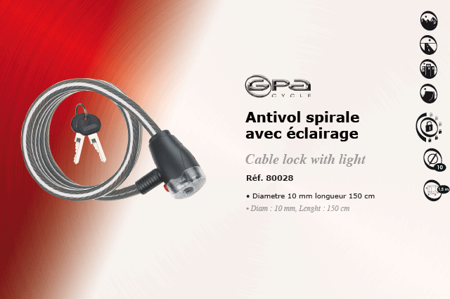 GPA Cycles Antivol Spirale avec eclairage