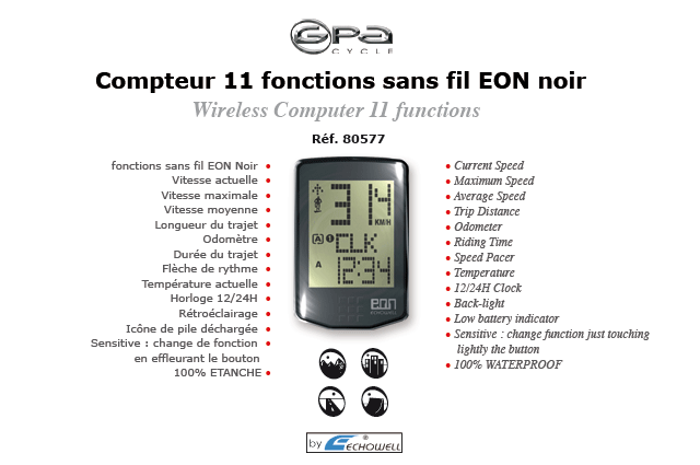 GPA Cycles compteur 11 fonctions sans fil EON Noir