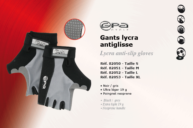 GPA Cycles Gants Lycra antiglisse