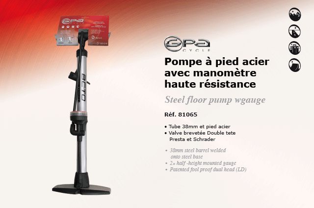 GPA Cycles Pompe à pied acier avec manomètre Haute reistance