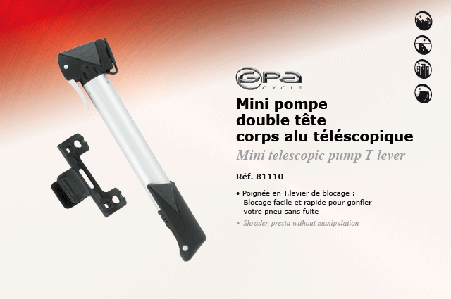 GPA Cycles Mini pompe double tête corps téléscopique